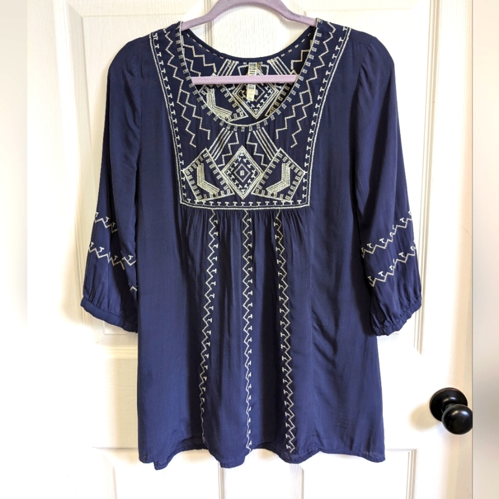 Maria Rello Women’s 3/4 Sleeve Navy Tunic Blouse Scoop Neck Embroidered Small